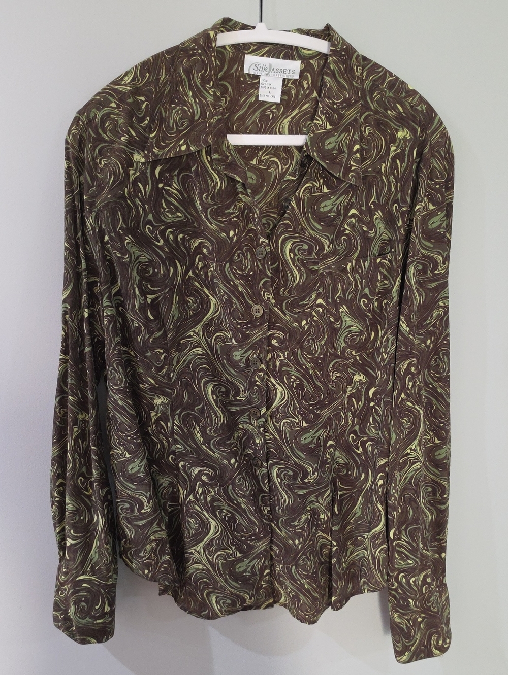 Vintage Diane Von Furstenberg Brown & Light Green Swirl Silk Button-Down Shirt
